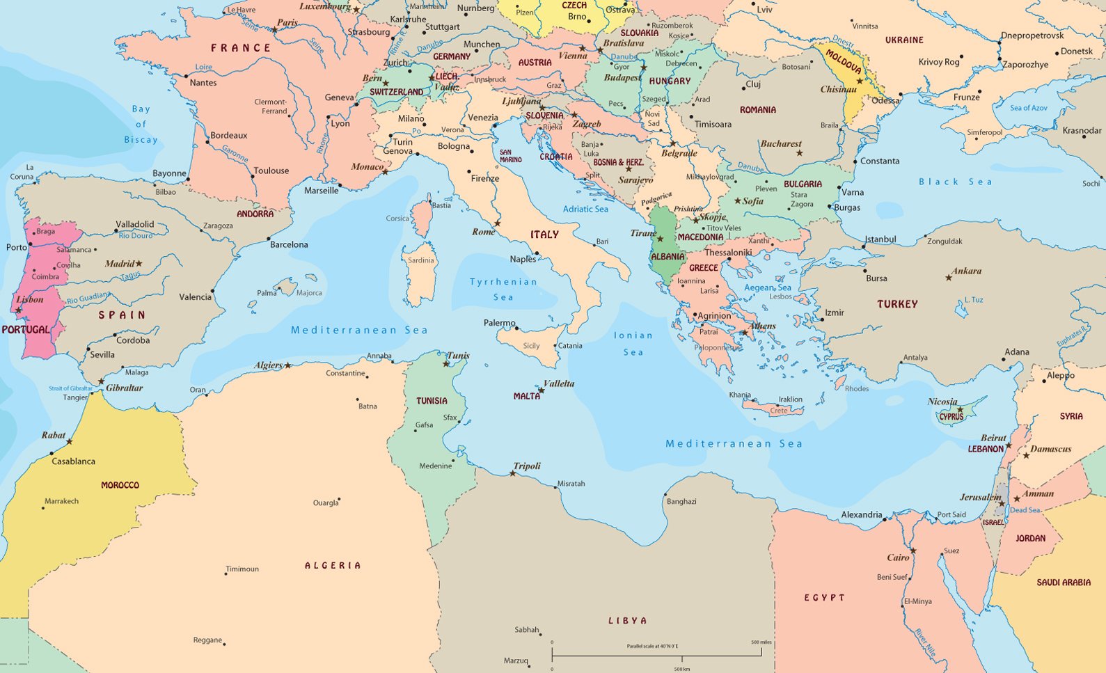 Mediterranean and Middle East political map with country borders