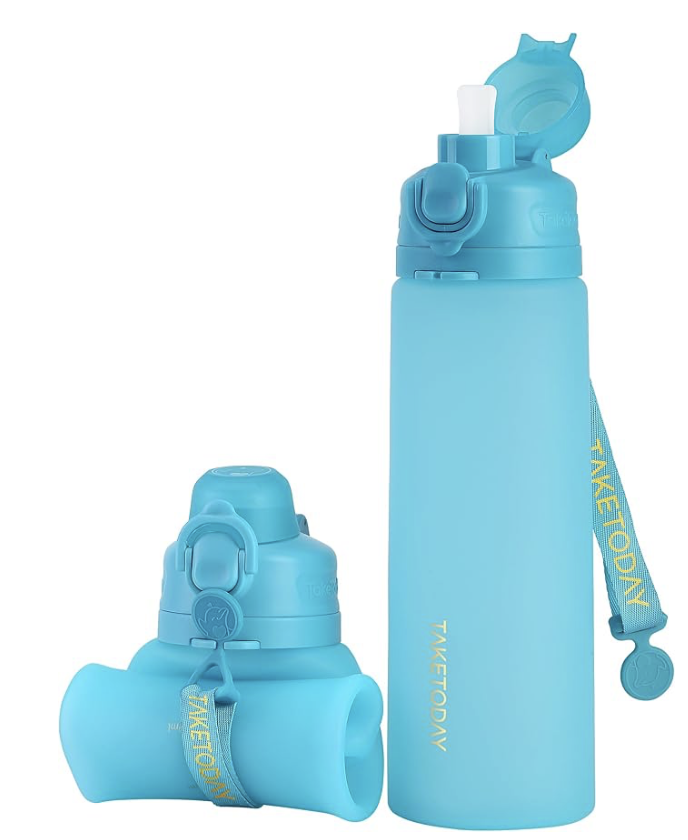 Two light blue collapsible water bottles with carry straps displayed in different sizes and positions.