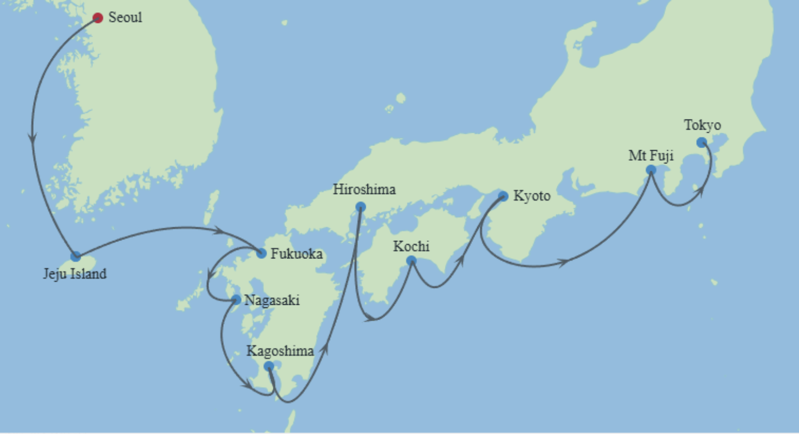 Map showing a cruise itinerary through Japan and Korea with stops at Seoul, Tokyo, Mt Fuji, Kyoto, Kochi, Hiroshima, Nagasaki, Fukuoka, Kagoshima, and Jeju Island.