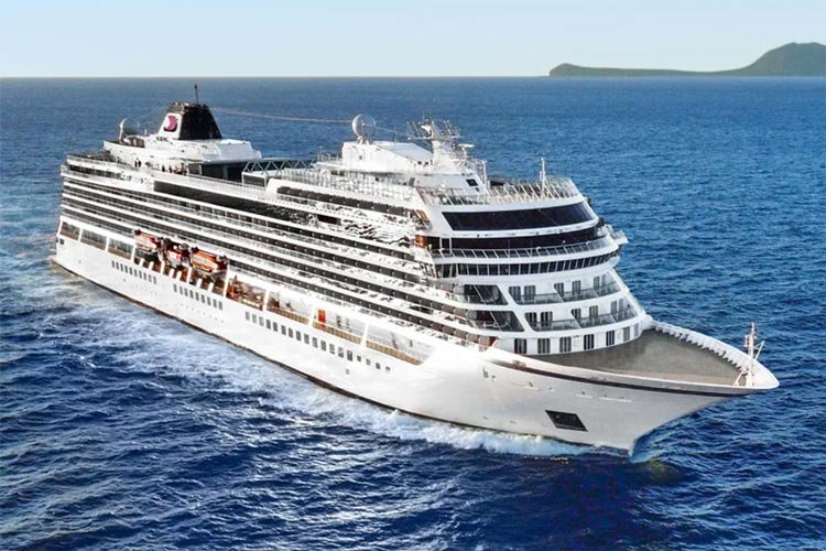 Large modern cruise ship sailing blue Mediterranean Sea waters